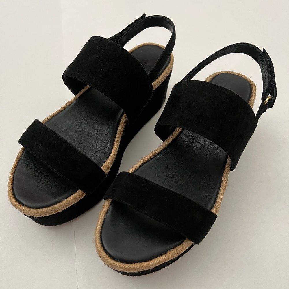 Black suede sling back platform with jute trim